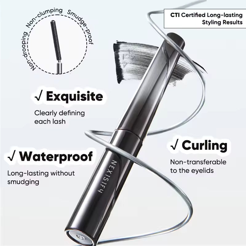 Waterproof mascara with curled, dense, well-defined, and long-lasting effects.