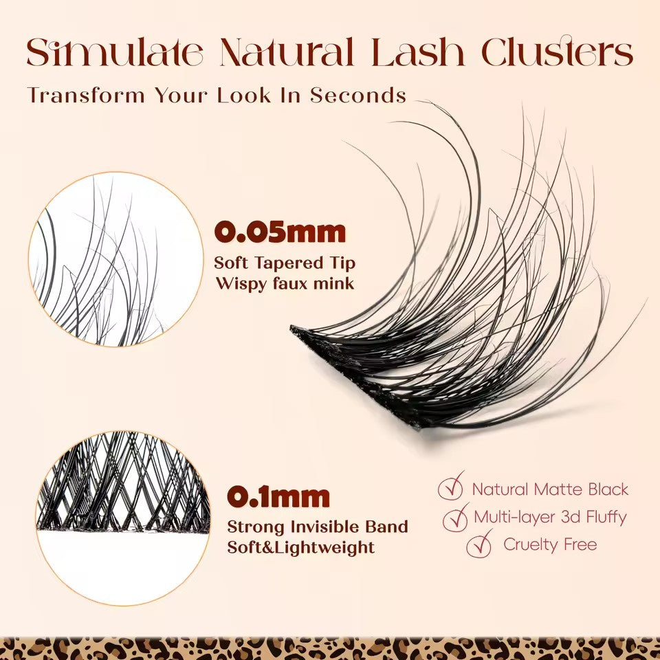 0.05 millimeter fiber eyelash clusters, 0.1 millimeter ultra-fine invisible lash extensions, 8-16 millimeter individual lashes