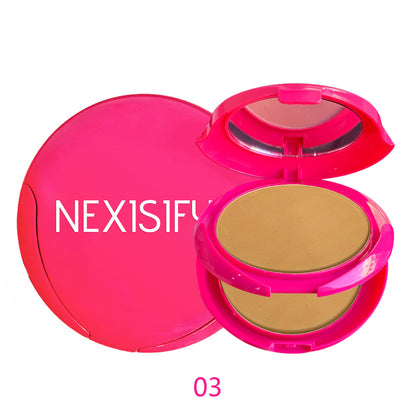 Double-layered powder compact with puff for natural coverage, deep color pressed powder