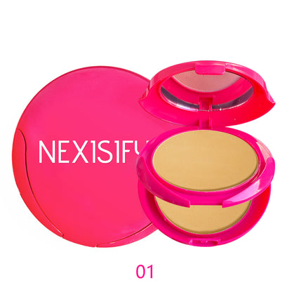 Double-layered powder compact with puff for natural coverage, deep color pressed powder