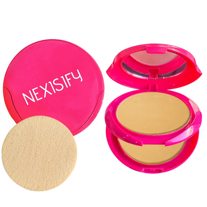 Double-layered powder compact with puff for natural coverage, deep color pressed powder