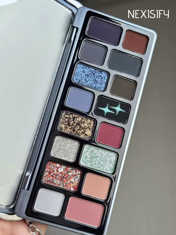 A 16-color eyeshadow palette, including glitter, matte, pearl, and star-shaped shadows