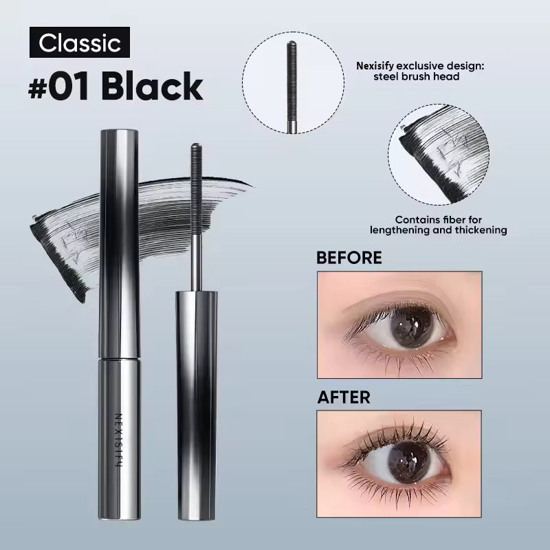 Waterproof mascara with curled, dense, well-defined, and long-lasting effects.