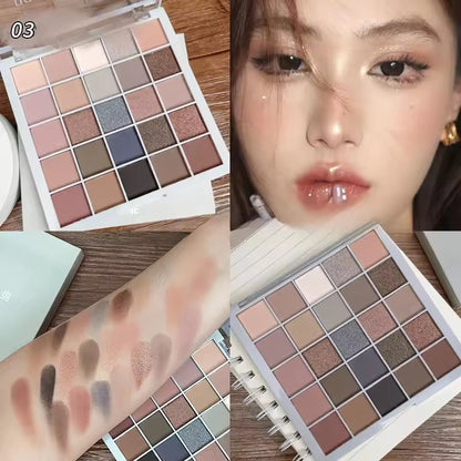 A 25-color eyeshadow palette featuring cool, low-saturation pearl matte shades