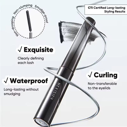 Waterproof mascara with curled, dense, well-defined, and long-lasting effects.