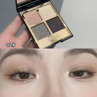 Four-color eyeshadow palette featuring low saturation, pearl, matte, shimmer, and glitter finishes