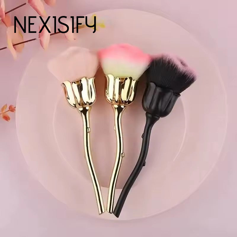 Rose gold makeup brush set with pink rose-themed bristles and gold handles
