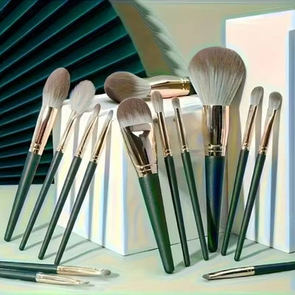 Green makeup brush set, including 2 black beauty sponges - a complete professional makeup tool kit