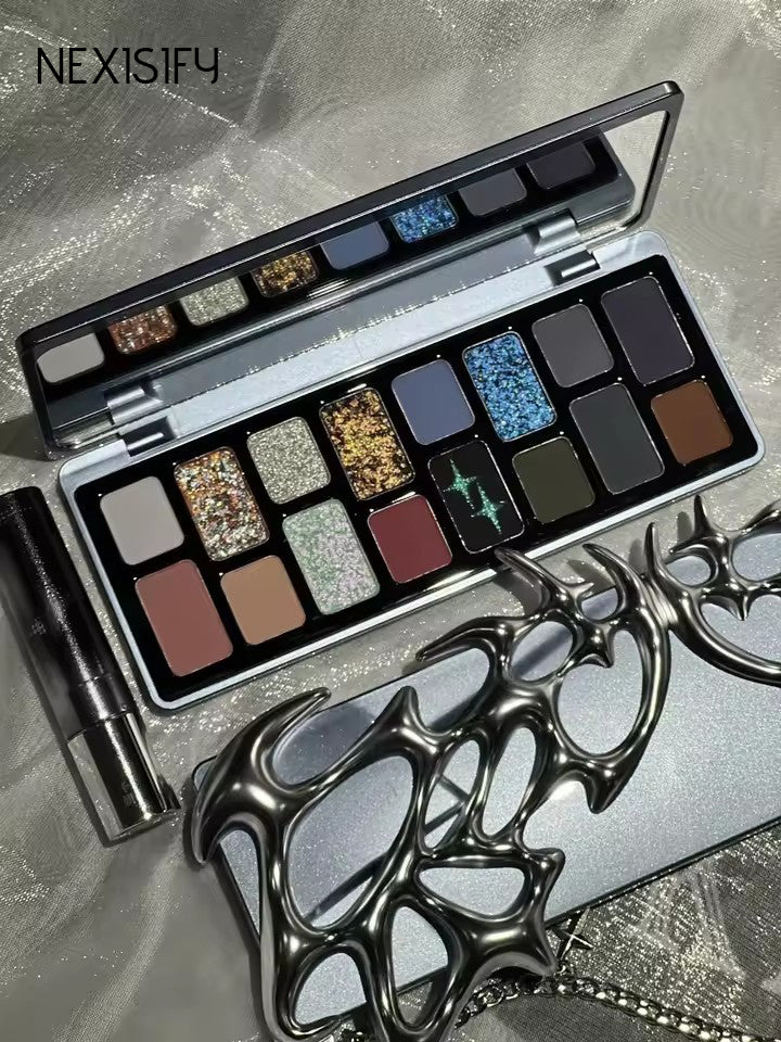 A 16-color eyeshadow palette, including glitter, matte, pearl, and star-shaped shadows