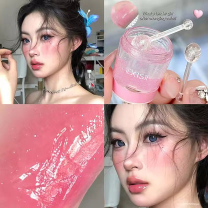 Gel-based blush with an applicator stick, shimmering orange color with a natural sheen