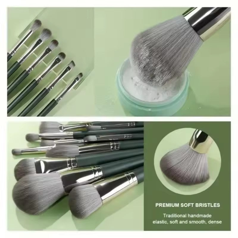 Green makeup brush set, including 2 black beauty sponges - a complete professional makeup tool kit