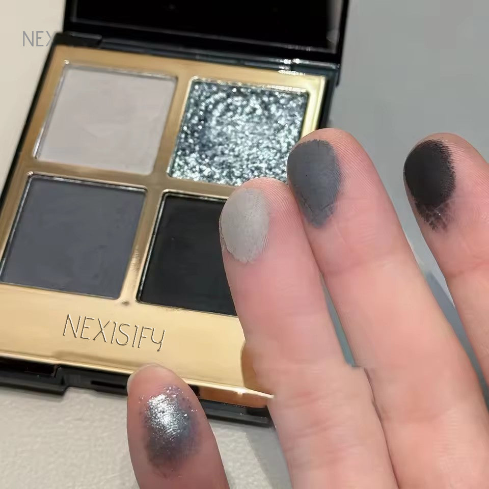 Four-color eyeshadow palette featuring low saturation, pearl, matte, shimmer, and glitter finishes