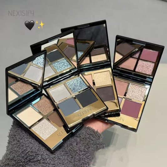 Four-color eyeshadow palette featuring low saturation, pearl, matte, shimmer, and glitter finishes