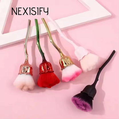 Rose gold makeup brush set with pink rose-themed bristles and gold handles